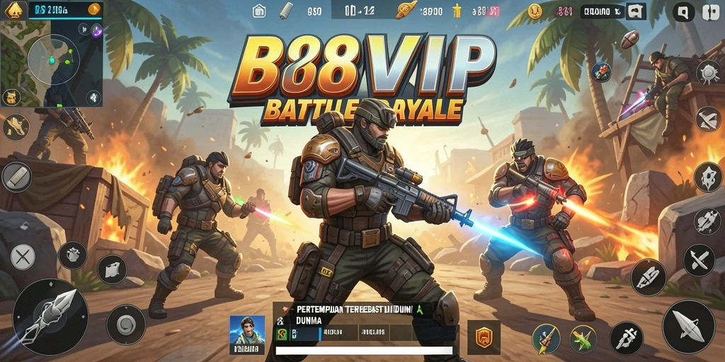 Screenshot B8VIP menunjukkan pertempuran seru dalam game Battle Royale.