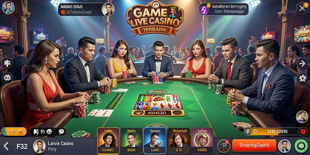 Screenshot F32 menampilkan dealer profesional dan gameplay yang mendebarkan di Live Casino.