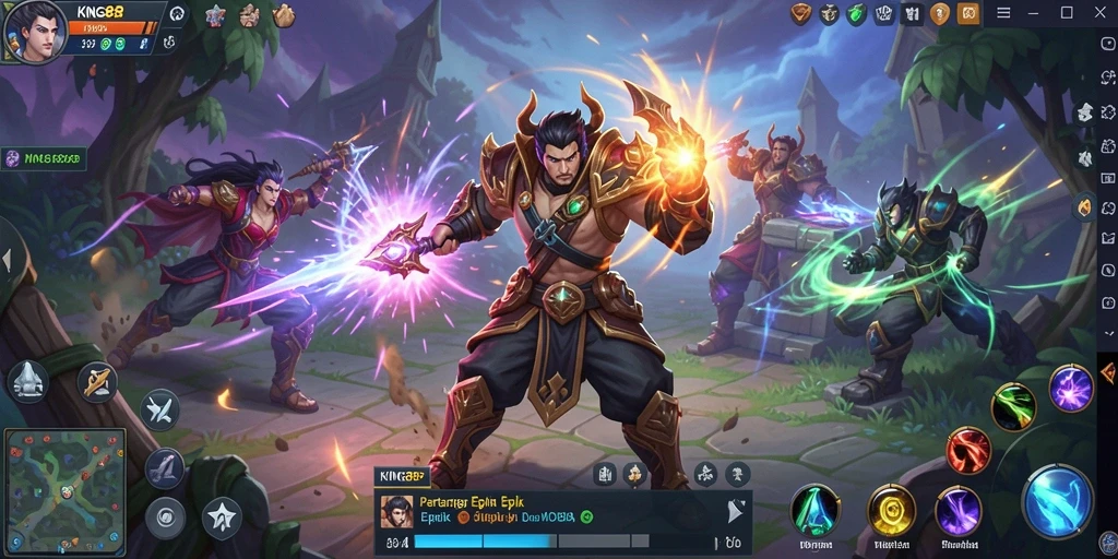 Menampilkan pertarungan seru di arena KING88 dengan berbagai karakter.