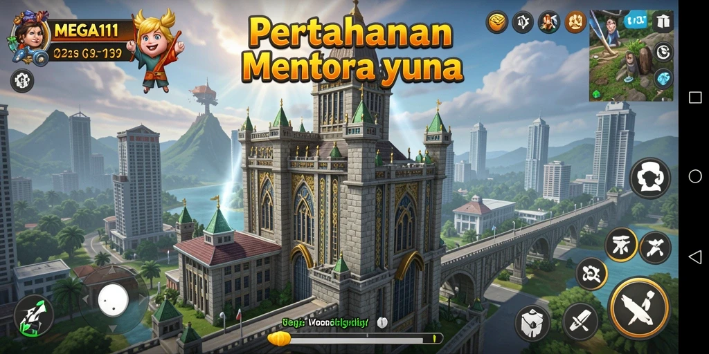 Screenshot gameplay MEGA111 menunjukkan menara yang melindungi basis dari serangan musuh.