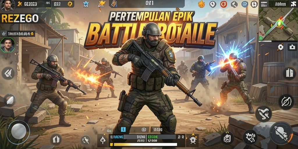 Screenshot gameplay REZEGO menunjukkan pertarungan intens di arena Battle Royale.