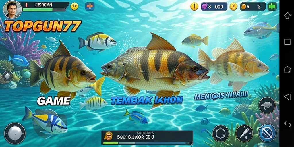 Screenshot gameplay TOPGUN77 menampilkan aksi tembak ikan yang seru.