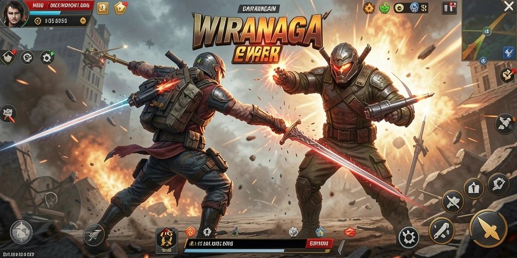 Screenshot gameplay WIRANAGA menampilkan pertarungan yang mendebarkan.